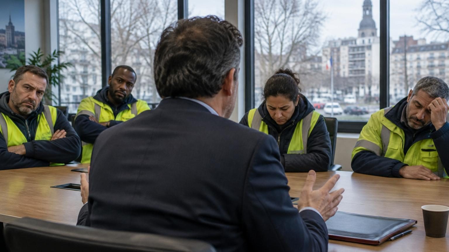 Agents municipaux en gilets jaunes avec pancartes lors d'une grève devant les grilles de la mairie, parents et enfants en arrière-plan