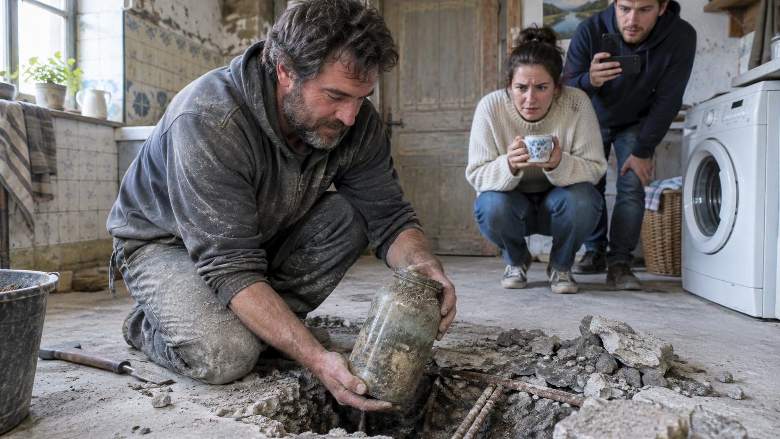Un artisan accroupi gratte un bocal en verre enfoui sous le ciment d'une dalle dans une buanderie, tandis qu'une femme se penche pour observer la découverte.