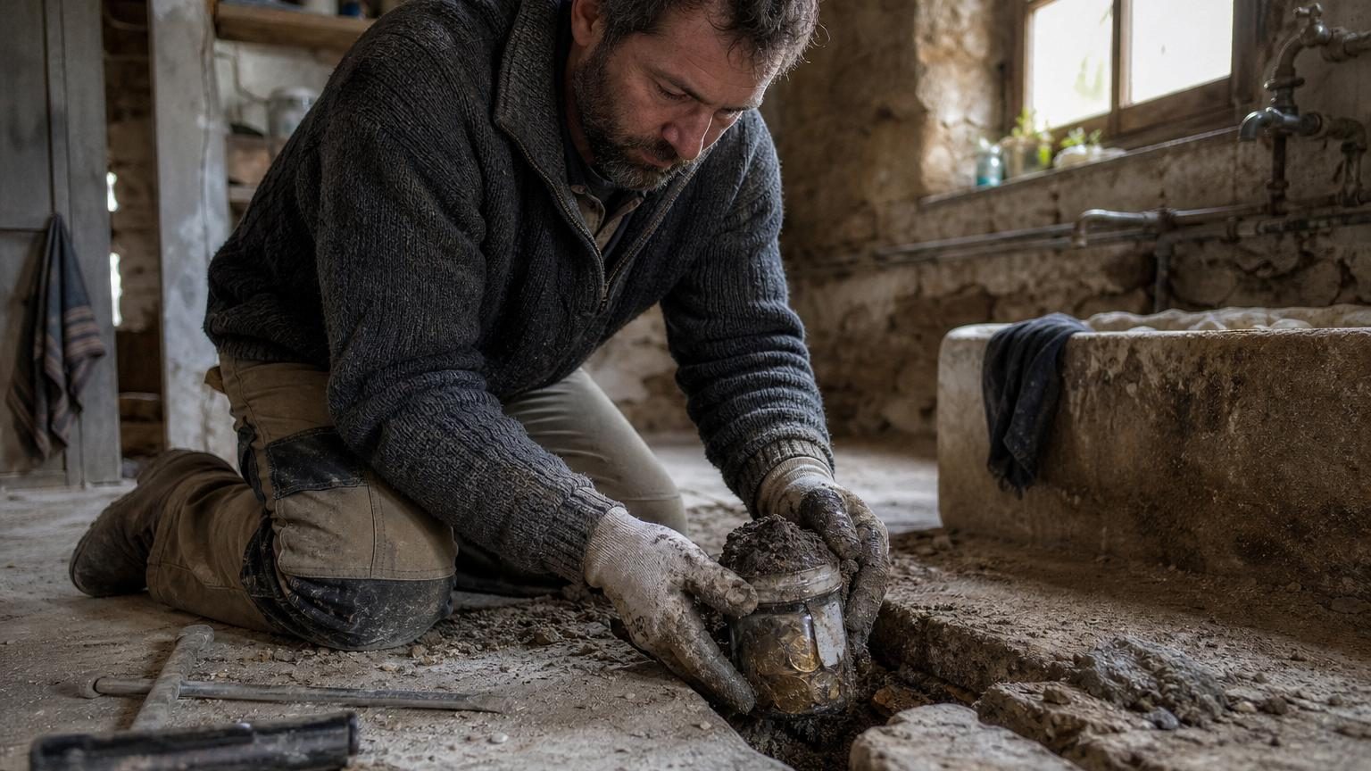 Un bocal de verre fermé enfoui sous une dalle de béton, contenant des pièces anciennes et un carnet jauni datant de 1958, découvert lors de rénovations d'une buanderie.