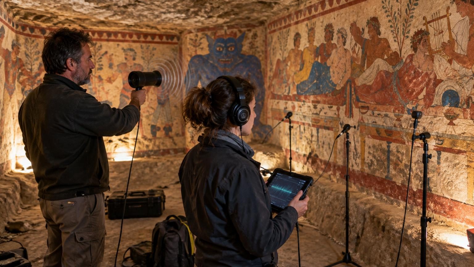 Intérieur d'une tombe étrusque avec parois peintes de scènes de banquet et de figures mythologiques, illuminée par une lumière tamisée mettant en évidence des reliefs et des fresques anciennes.