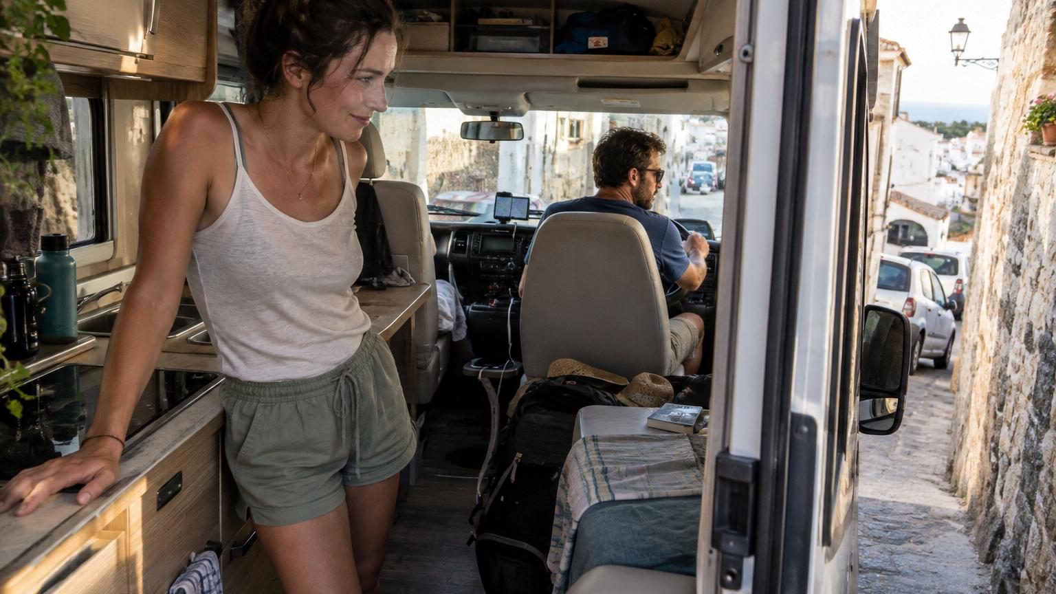 Julie et Thomas dans le couloir étroit de leur camping-car, se cognant l'un l'autre, illustrant les défis d'un grand modèle