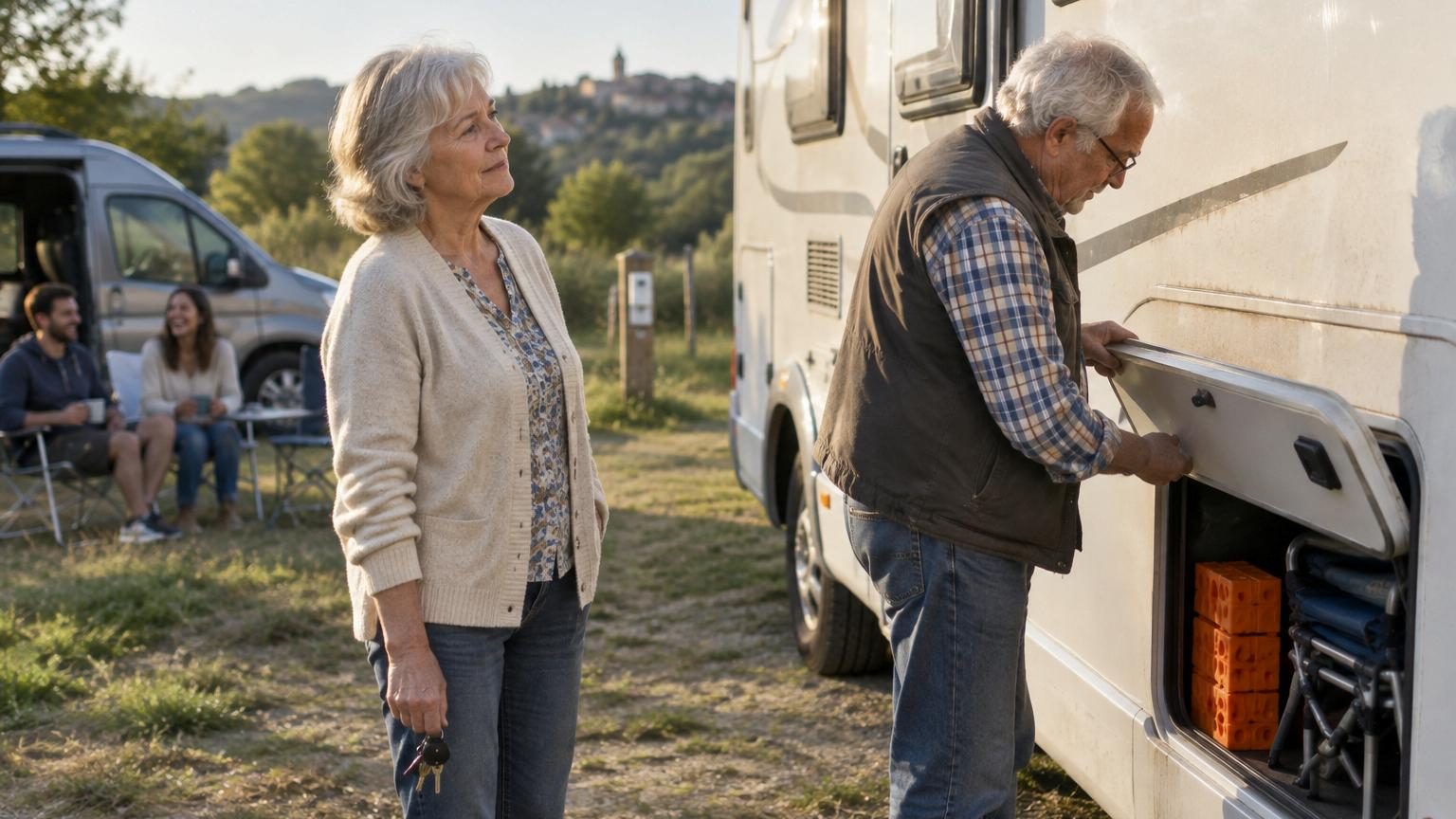 Homme et femme d'âge mûr rangeant du matériel de camping près d'un camping-car stationné dans une allée, moment de deuil d'une époque de leur vie.