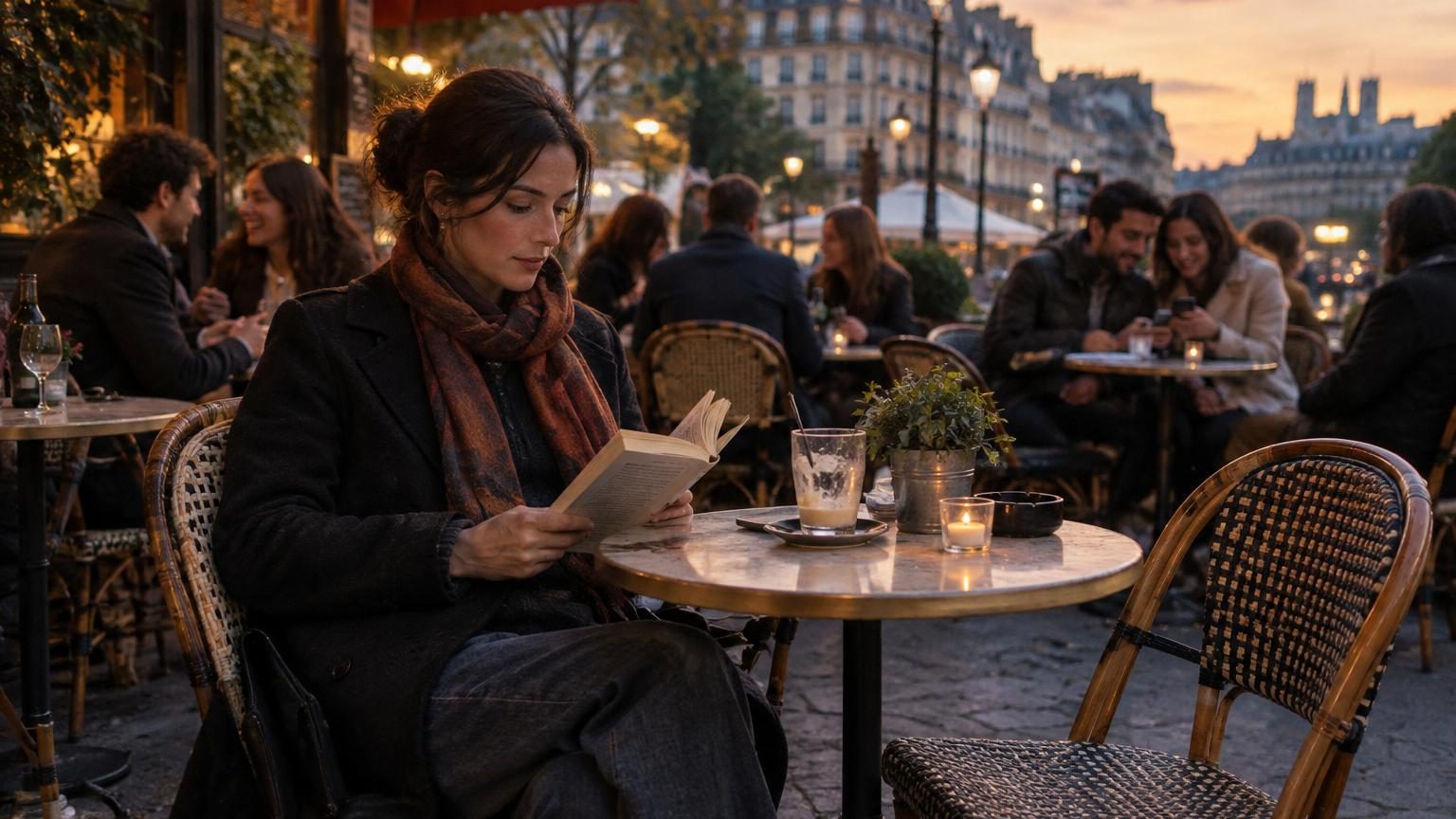 Une femme seule dans un café, lisant un livre, entourée de couples engagés dans leurs conversations, trouvant la solitude sereine et complète.