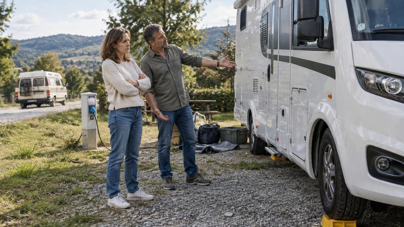 Un couple contemple son nouveau camping-car intégral spacieux stationné devant un panneau de restriction de hauteur, illustrant le dilemme entre confort accru et liberté de mouvement réduite.