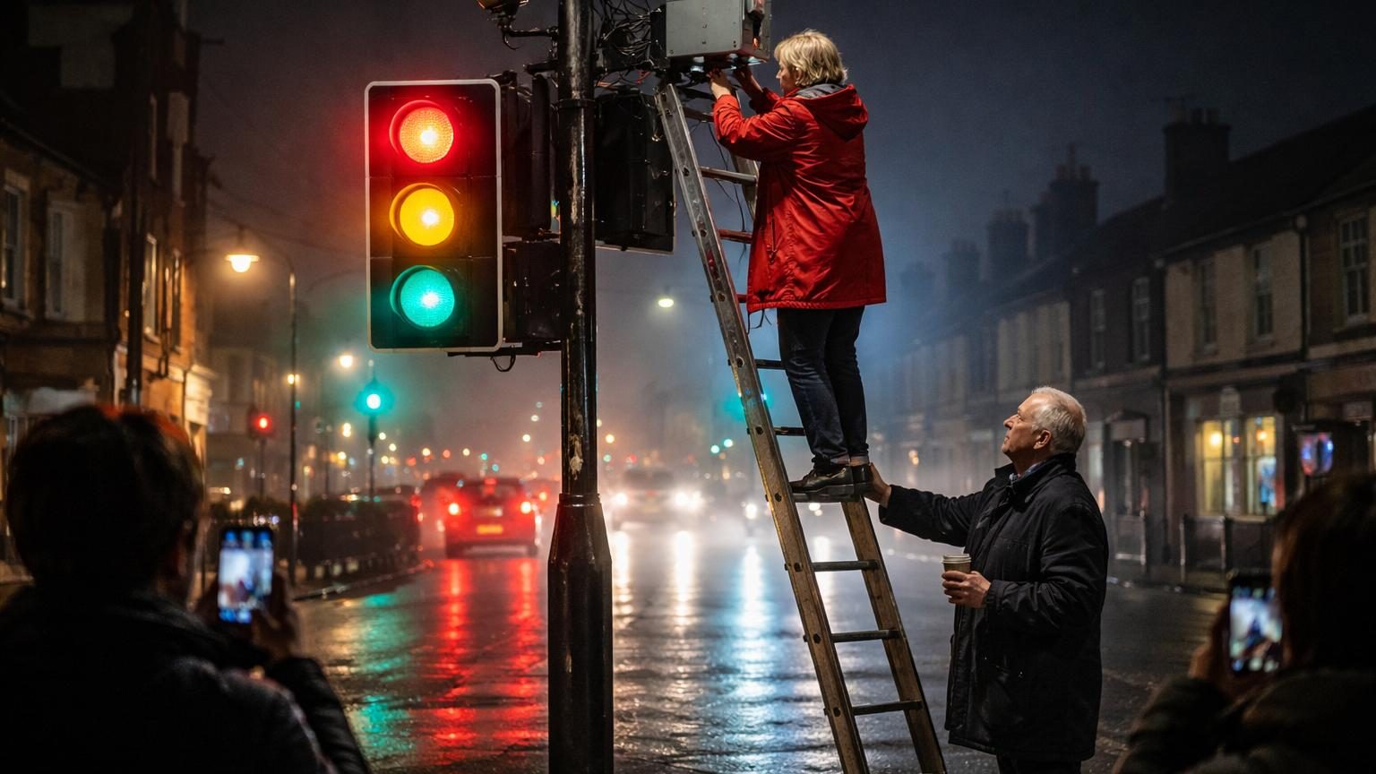 Femme perchée sur une échelle télescopique coupant les câbles d'un capteur routier au-dessus d'un feu tricolore, la nuit, avec des militants filmant la scène.