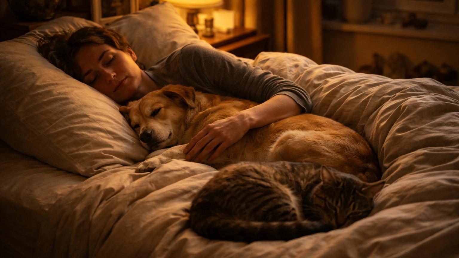 Un chien ou un chat endormi confortablement dans un lit aux côtés de son propriétaire, illustrant la proximité affective du cododo animalier.