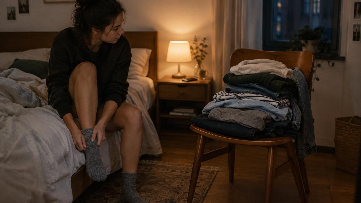 Une chaise d'une chambre moderne débordante de vêtements colorés empilés : pulls, jeans, chemises, illustrant le système personnel d'organisation textile.