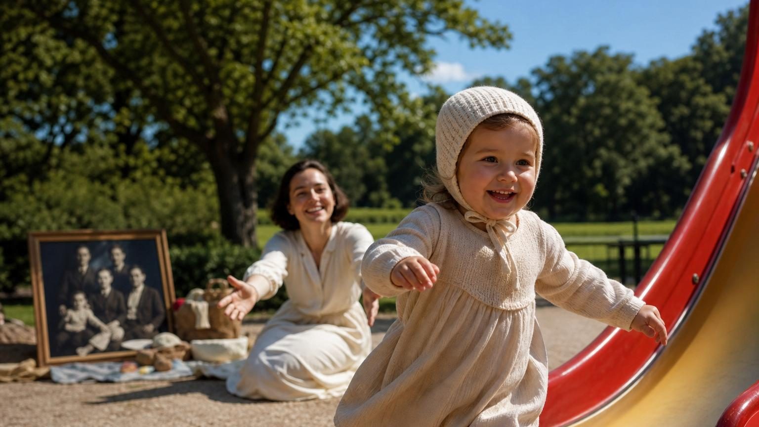 Une mère appelle son enfant près d'un toboggan dans un parc, tandis qu'un petit garçon en bonnet joue avec des enfants aux prénoms rétro dans une atmosphère lumineuse et familiale.