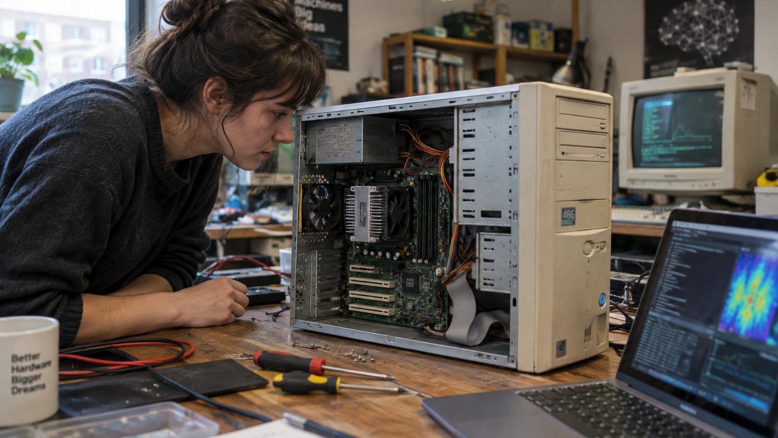 Ancien ordinateur de bureau couleur beige avec écran cathodique affichant du texte généré par une intelligence artificielle, symbolisant l'exécution de modèles IA sur du matériel rétro et peu puissant.