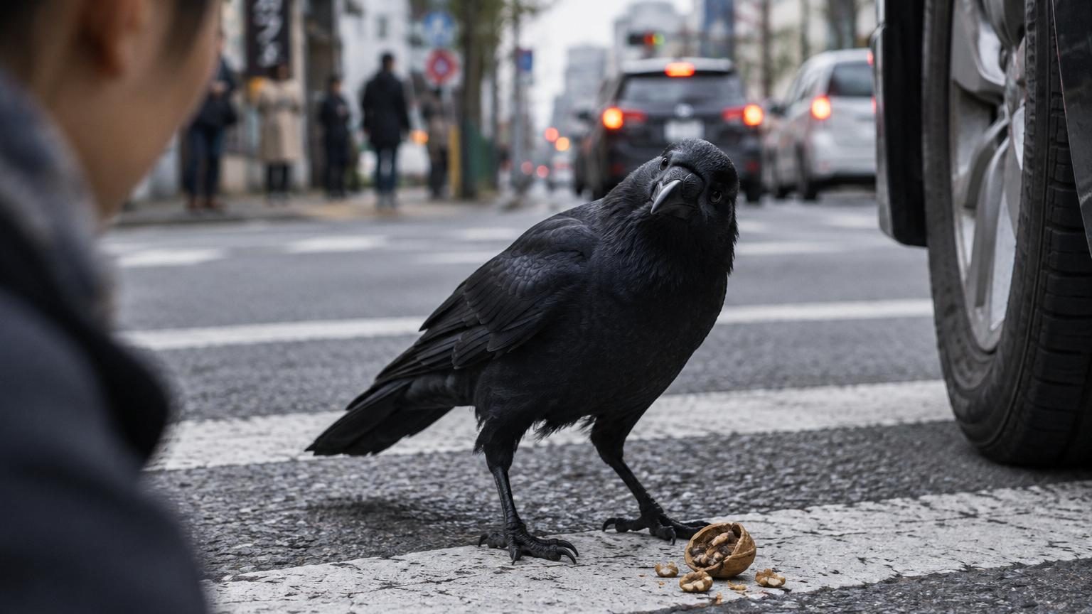 Un corbeau noir perché, regardant attentivement en avant, symbolisant son intelligence remarquable et sa capacité à reconnaître et mémoriser les visages humains