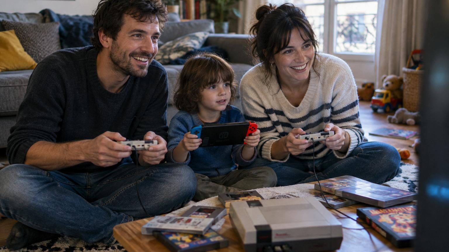 Famille assis sur un canapé partageant une manette de jeu vidéo, souriant ensemble devant un écran de console dans un salon.