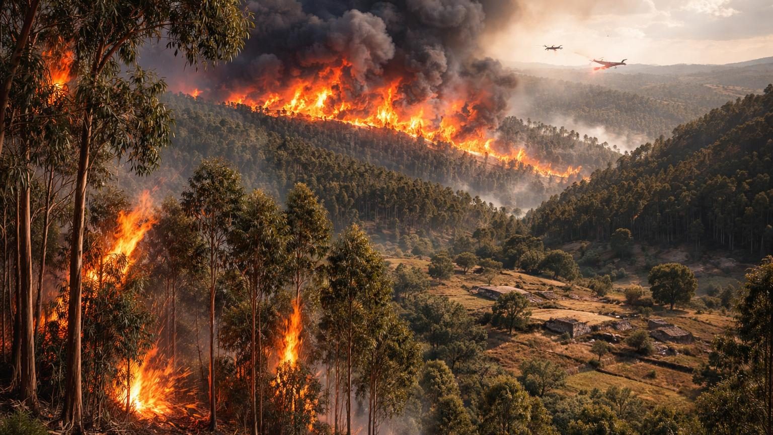 Forêt d'eucalyptus en feu au Portugal, avec des flammes hautes et des volutes de fumée contre un ciel rougeâtre.