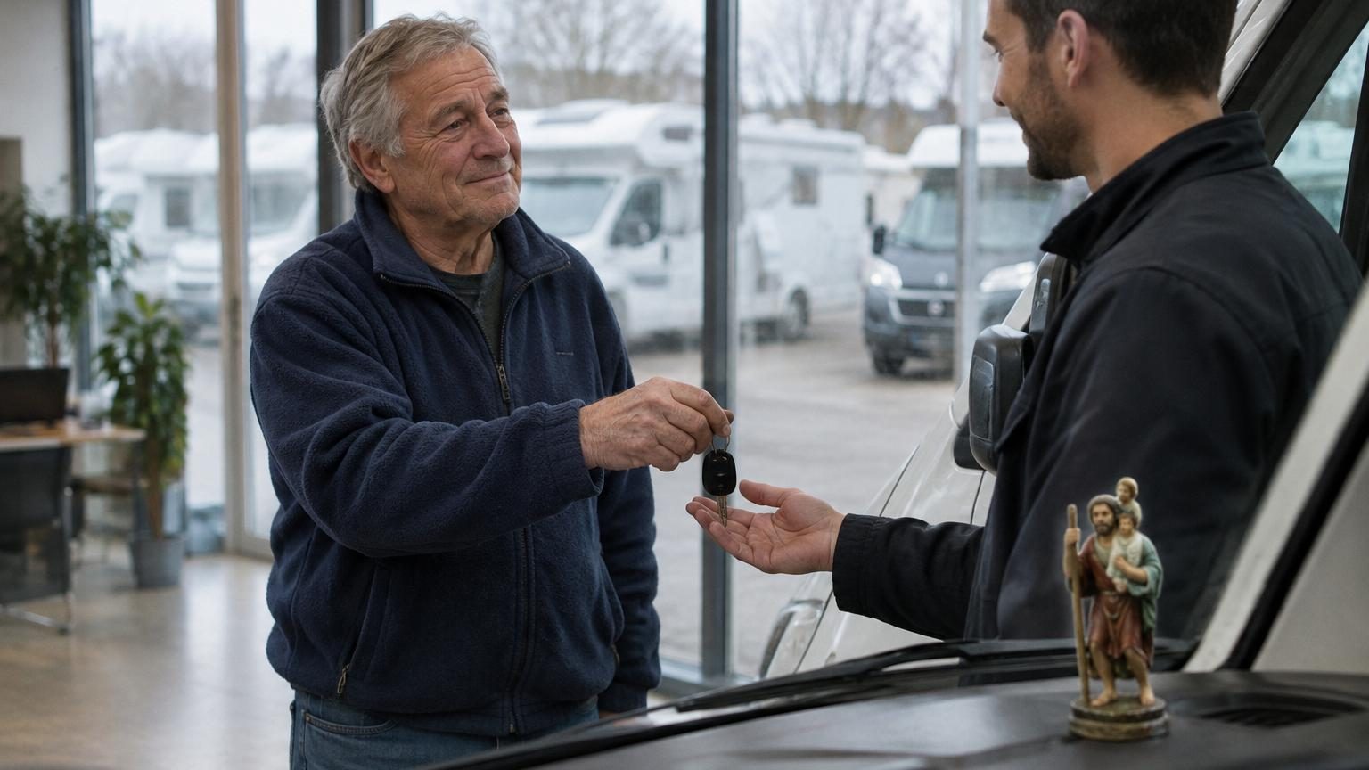 Georges, 76 ans, bronzé, assis devant son dernier camping-car qu'il s'apprête à vendre, tandis que Nicole observe la scène en silence, main sur le dossier d'une chaise de bureau