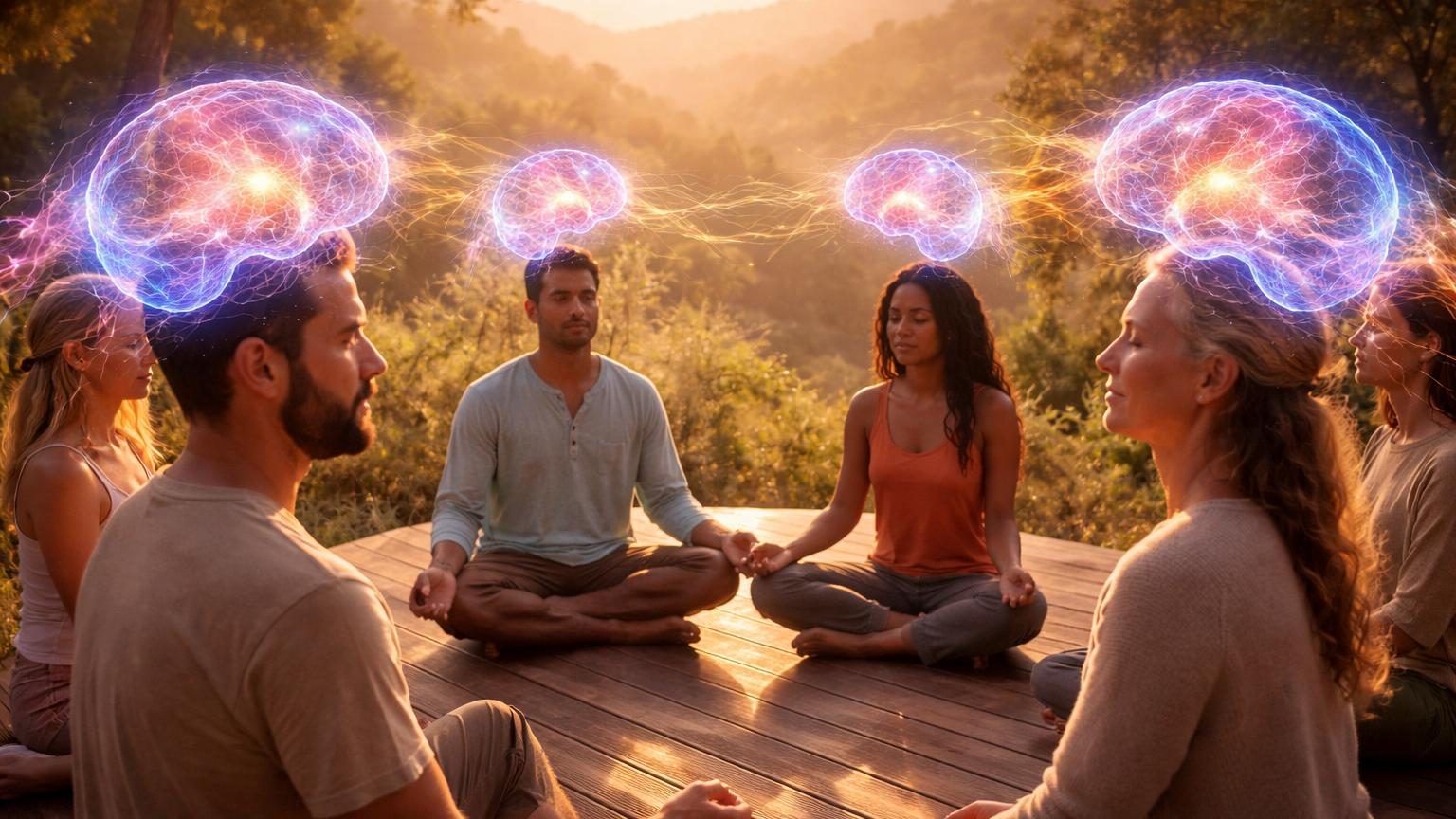 Personne en méditation assise les yeux fermés dans une posture contemplative sereine, avec un arrière-plan flou suggérant un environnement de retraite calme