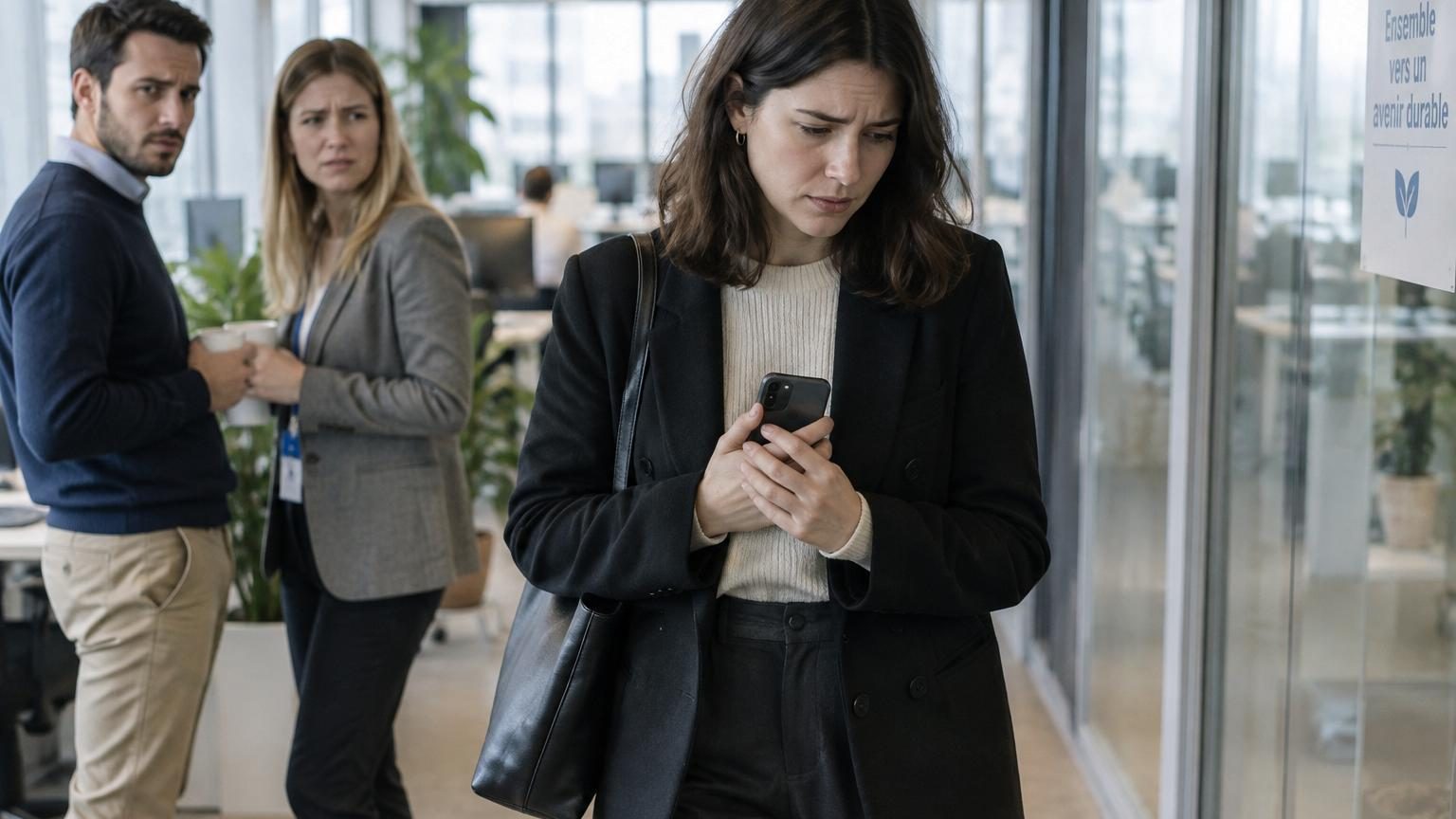 Silhouette d'une femme pensiveaux bras croisés, le regard baissé, exprimant de la réserve et de l'introspection dans un environnement professionnel.
