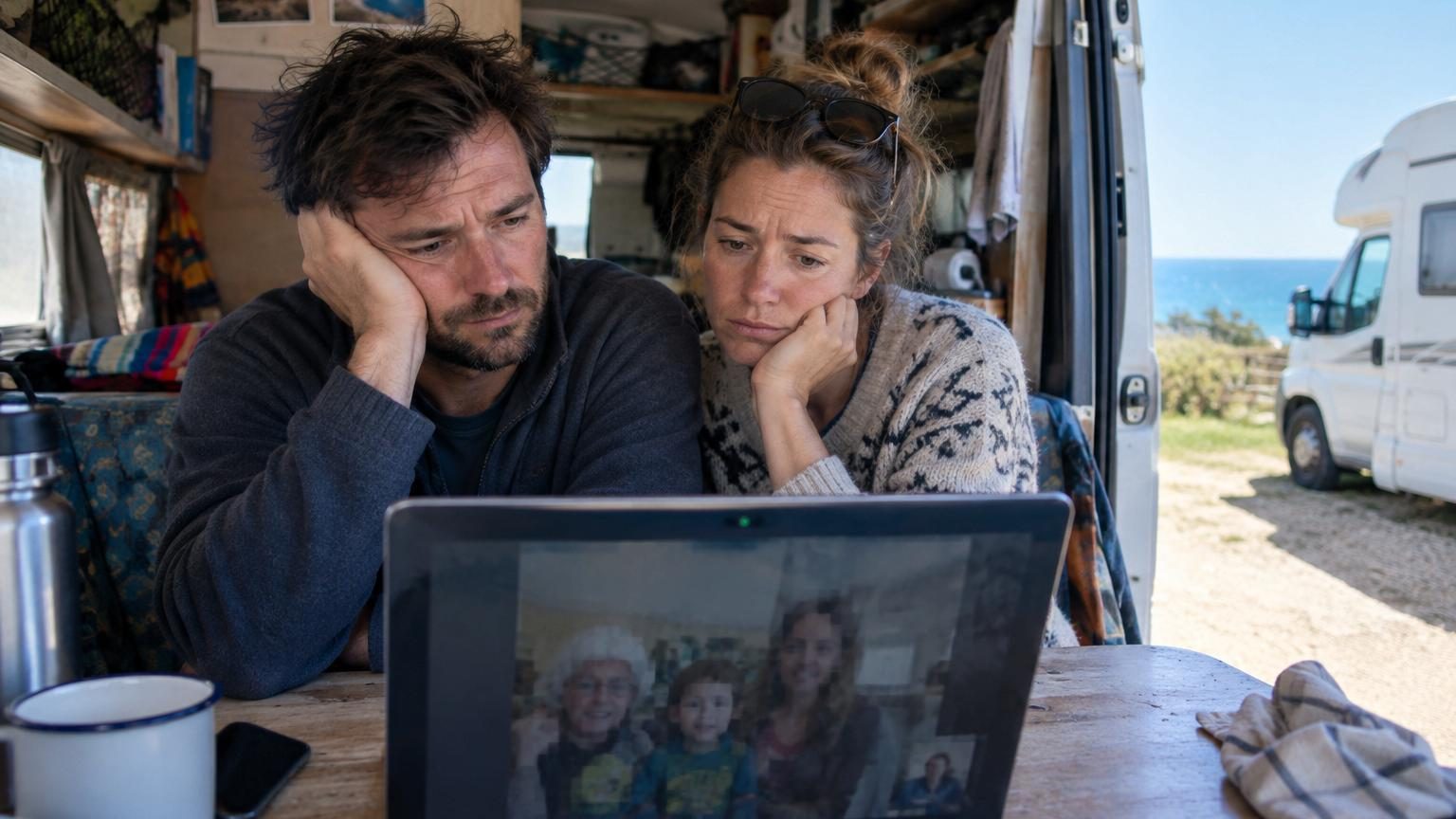Julie et Marc dans leur camping-car au bord d'un lac brumeux au lever du jour, avec café et thermos, symbolisant le rêve de voyage qui devient épreuve de promiscuité