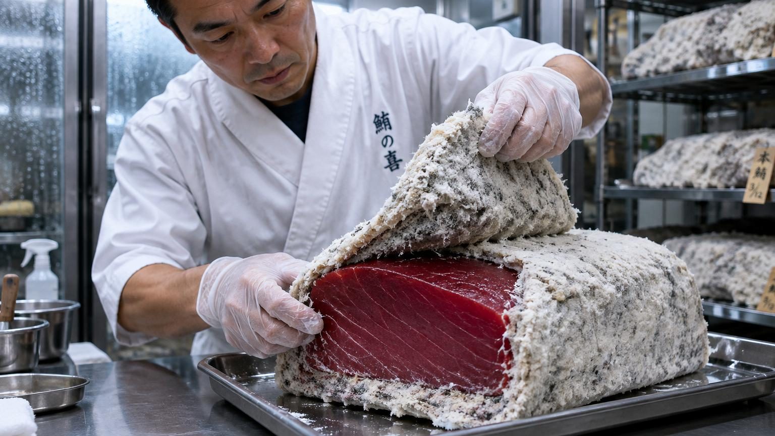 Thon rouge enrobé d'un épais duvet blanc grisâtre de champignon Koji, avant nettoyage et tranchage en fines lamelles de sashimi