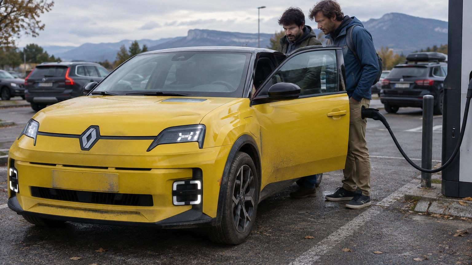 Deux amis observent une Renault 5 électrique branchée sur une borne de recharge au petit matin avant de partir sur l'autoroute.