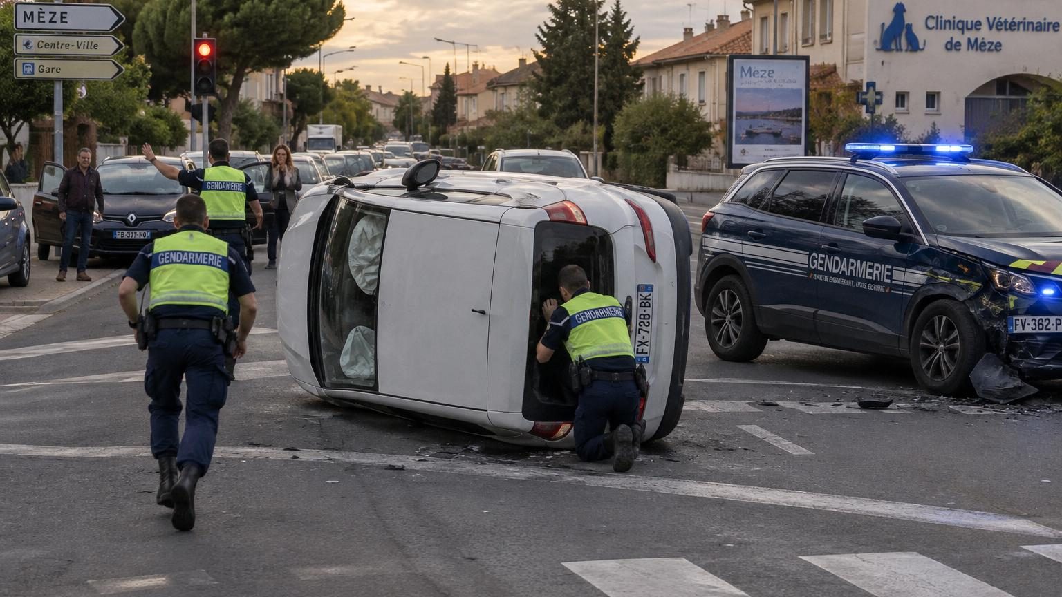 Carrefour urbain avec file de voitures arrêtées au feu rouge, une voiture familiale blanche renversée sur le côté au centre du croisement, gendarmes et témoins autour de la scène d'accident.