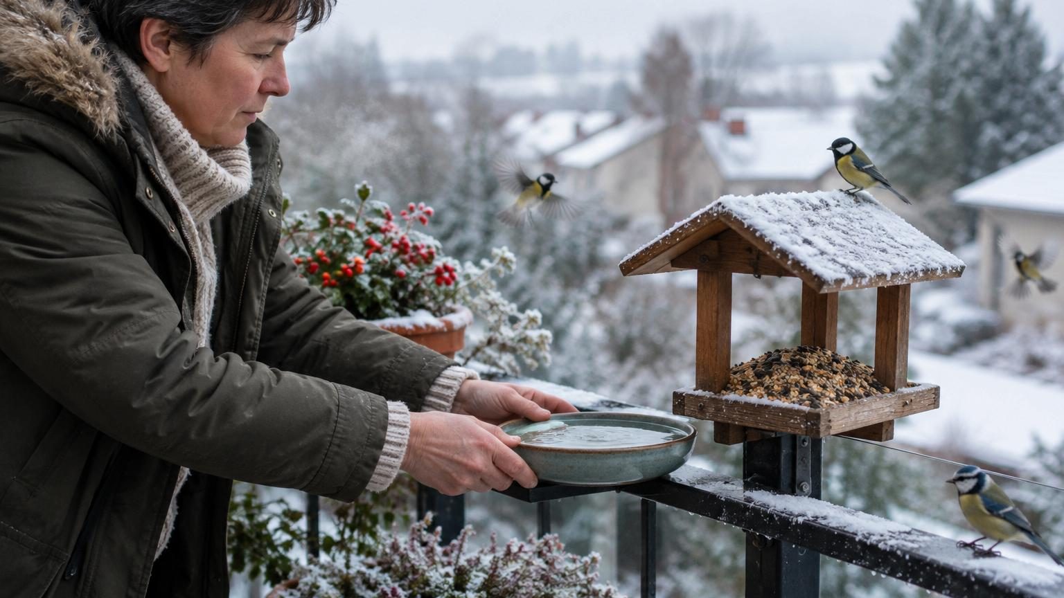 Mangeoire remplie de graines de tournesol avec plusieurs petits oiseaux posés dessus et autour, illustrant la concentration des passereaux autour d'une installation de nourrissage hivernal