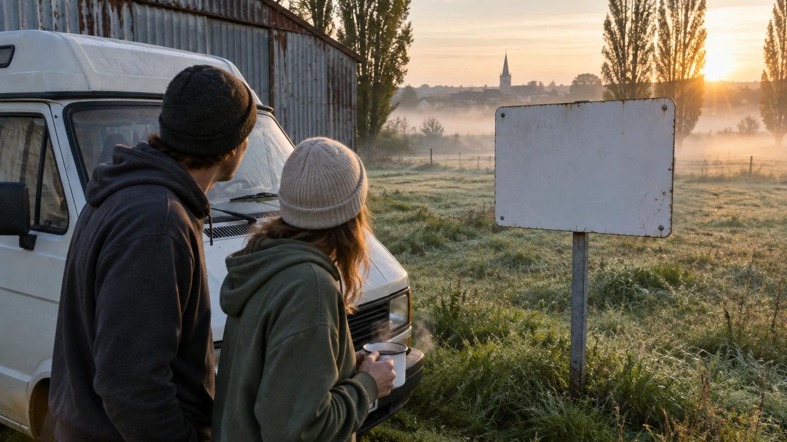 Un van stationné au lever du soleil dans un champ herbeux bordé de peupliers, face à une grande pancarte blanche de « Propriété privée »