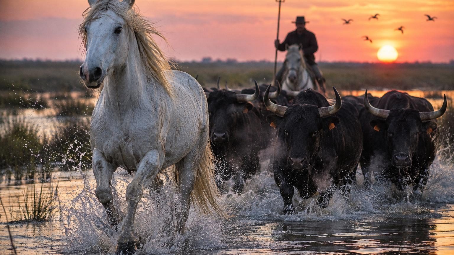 Un gardian à cheval au galop, trident levé, chevaux blancs au trot et taureaux noirs en arrière-plan dans les marais de Camargue au coucher de soleil.