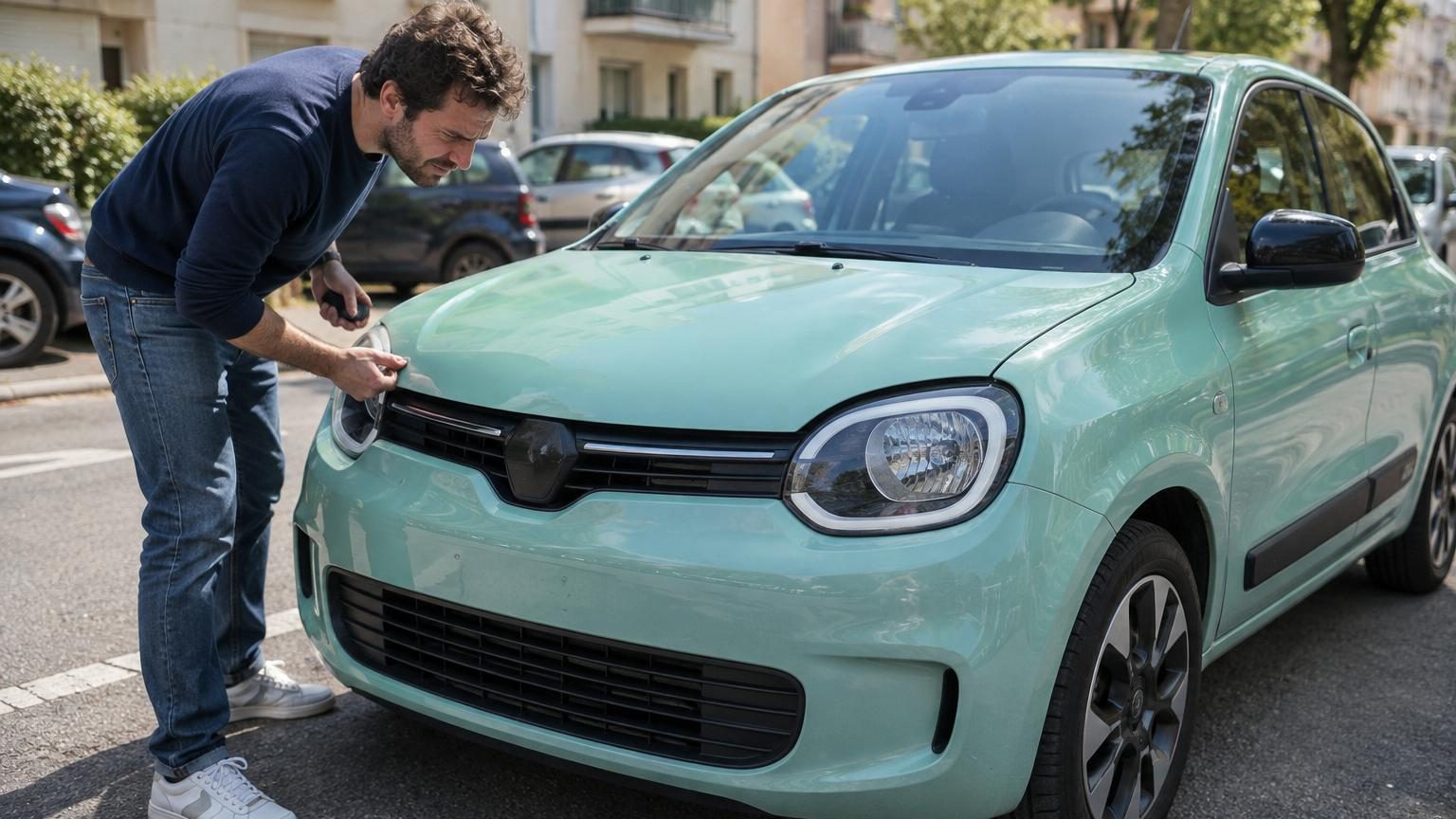 Détail du capot avant de la Renault Twingo 4 électrique avec les trois bandes plastiques noires symbolisant l'hommage à la première Twingo et servant de trappe d'accès au lave-glace.