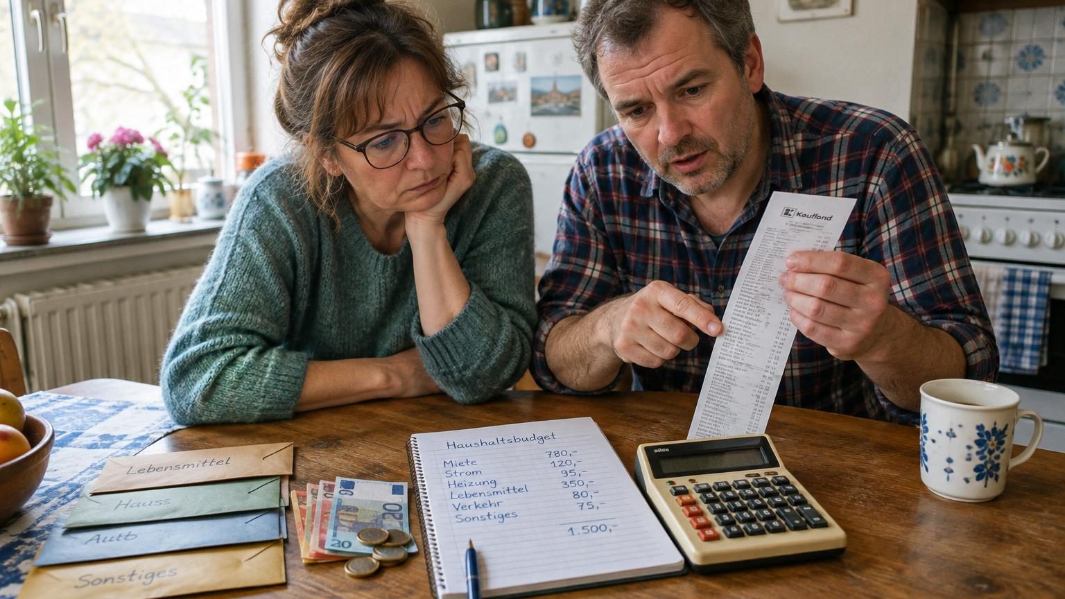 Composition rétro montrant une famille des années 1970 gérant son budget avec des enveloppes d'argent en liquide, des bocaux de provisions, et partageant des ressources avec des voisins autour d'un congélateur collectif.