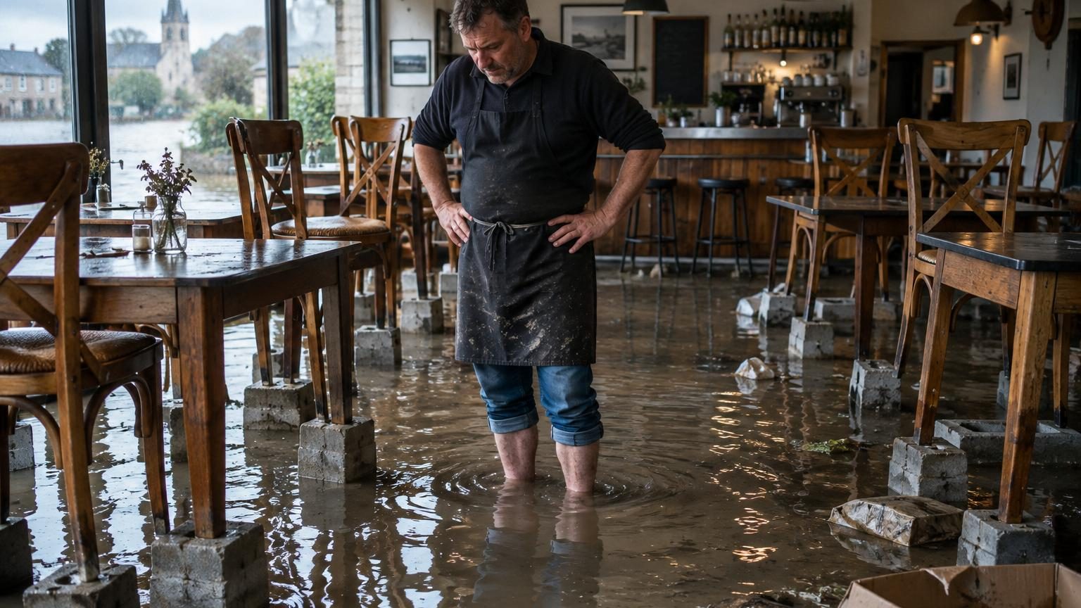 Restaurant La Potinière inondé à Clécy en Normandie, avec l'eau montée jusqu'à 50 centimètres dans la salle, entouré par les eaux de crue de l'Orne
