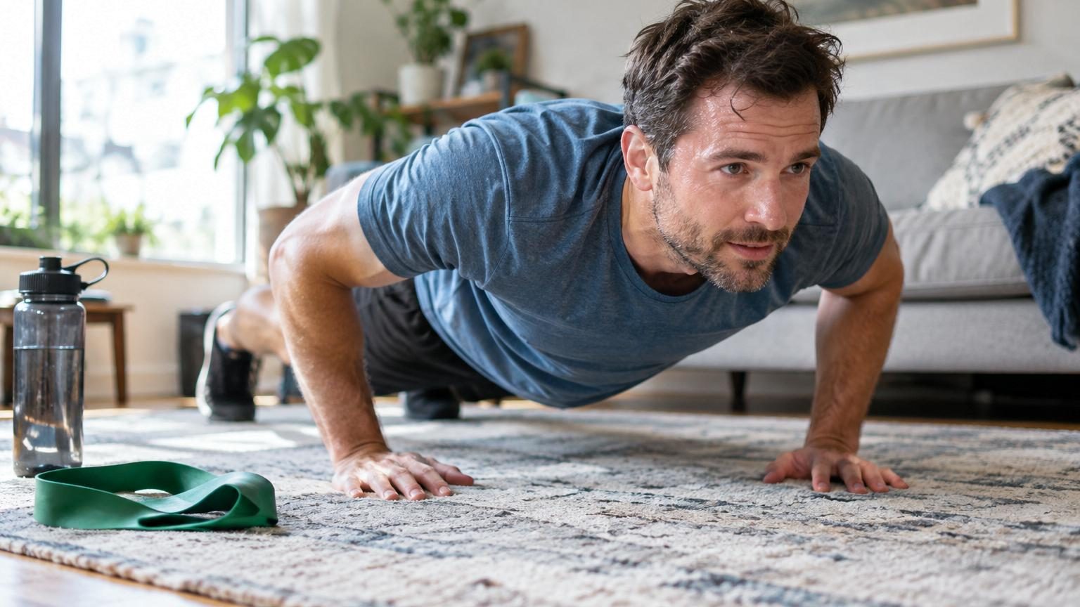 Personne effectuant un exercice de musculation simple à domicile, sans équipement, démontrant l'accessibilité de l'entraînement régulier.