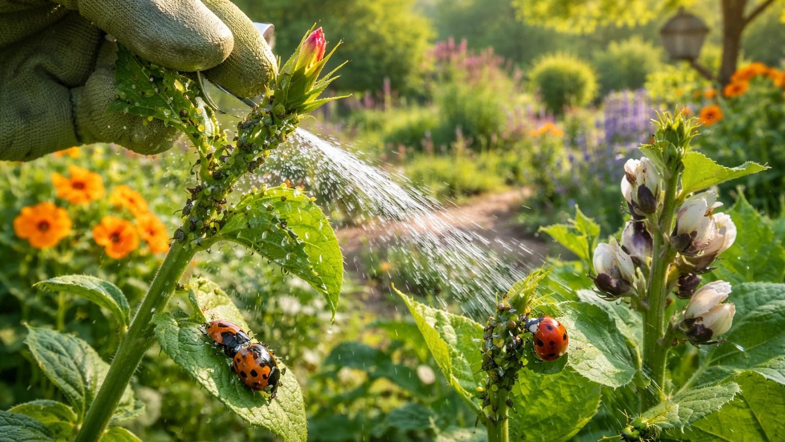 Gros plan sur des pucerons verts et noirs agglomérés sur une jeune pousse verte, avec une feuille enroulée en arrière-plan montrant les dégâts causés