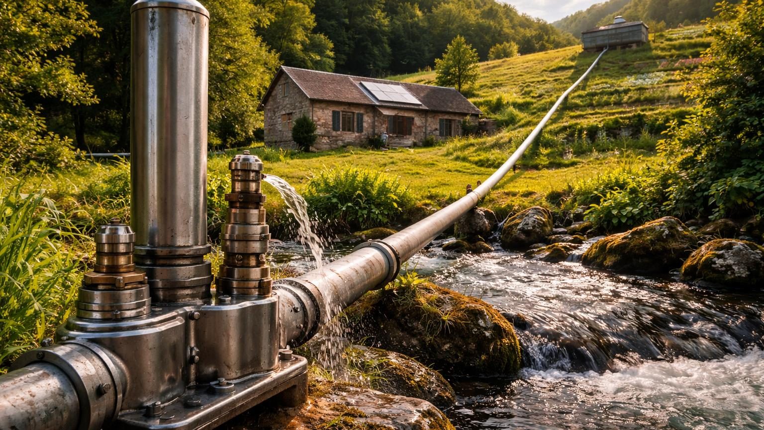 Schéma technique d'une pompe à bélier hydraulique montrant la conduite d'alimentation, le clapet de choc, la chambre à air sous pression et la conduite de refoulement qui remonte l'eau en hauteur.