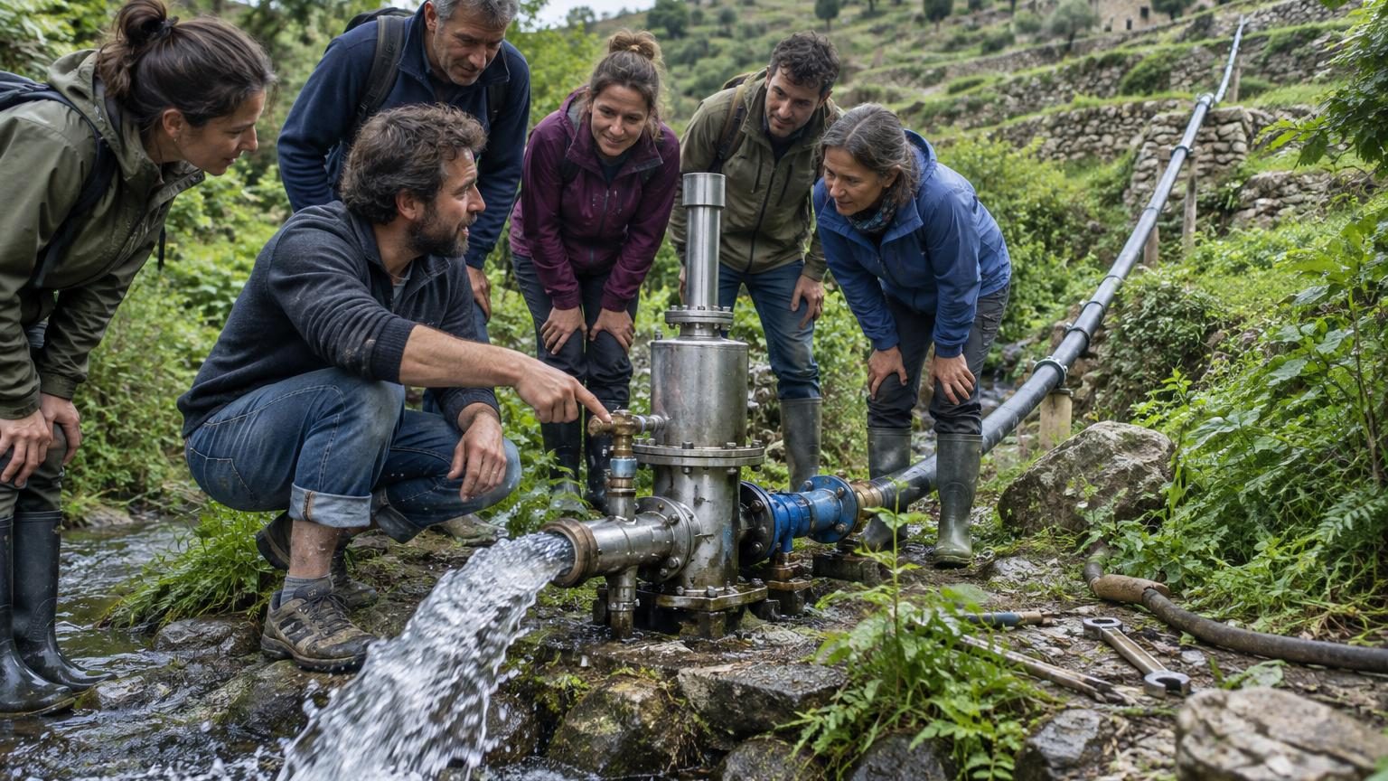 Un ingénieur en baskets boueuses pointe du doigt un tuyau grimpant vers une restanque, montrant le fonctionnement d'une pompe bélier hydraulique alimentée par un petit ruisseau, avec un panneau explicatif en arrière-plan.