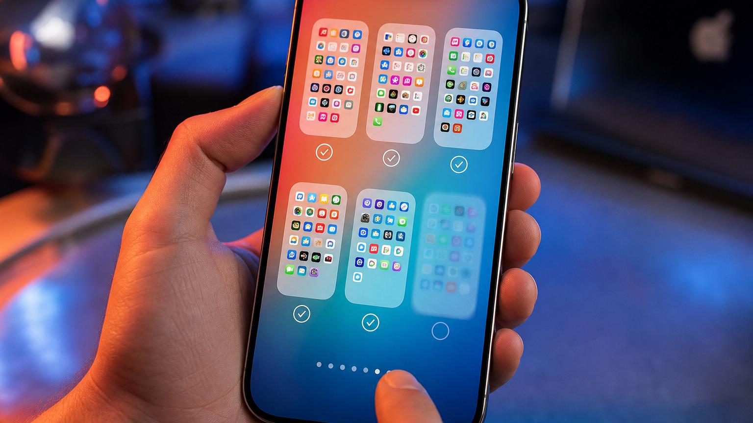 Interface d'iPhone montrant l'écran d'accueil avec plusieurs pages d'applications visibles sous forme de vignettes, et des points en bas permettant de masquer certaines pages.