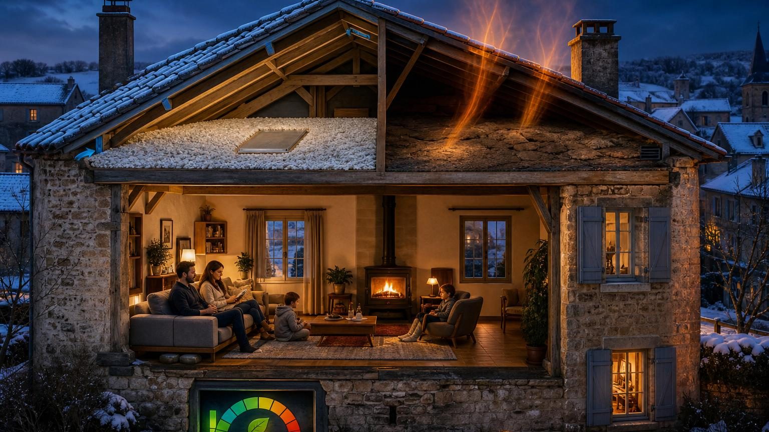 Grenier ancien mal isolé avec traces d'humidité et laine soufflée tassée autour d'une charpente en bois, illustrant les déperditions thermiques d'une maison ancienne