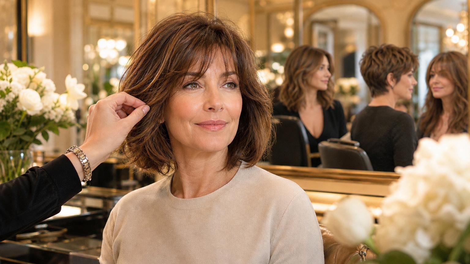 Portrait d'une femme aux cheveux mi-longs avec un carré flou dégradé, regardant vers la caméra avec un sourire discret et naturel, illustrant une coupe rajeunissante et lumineuse.