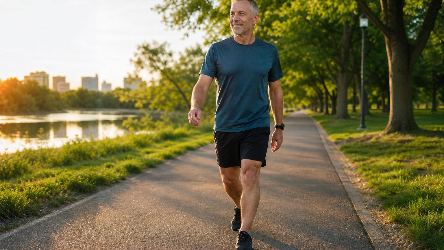 Homme de 54 ans marchant d'un pas dynamique le matin, vêtu de baskets et de vêtements de sport décontractés.