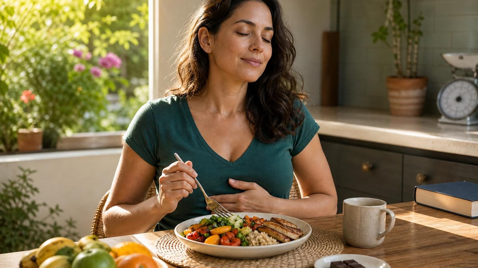 Une personne assise à table, sereine, dégustant un repas équilibré avec attention et sans culpabilité.