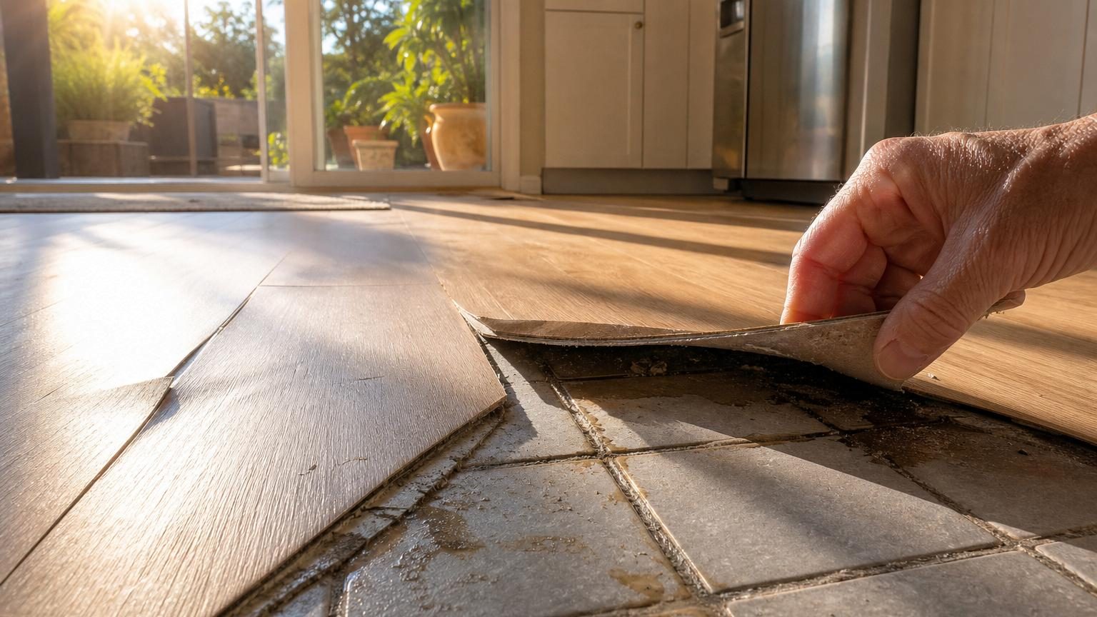Lame de vinyle soulevée révélant résidus de colle et joint noirci sur carrelage, montrant les dégâts de la chaleur estivale après une pose de printemps.