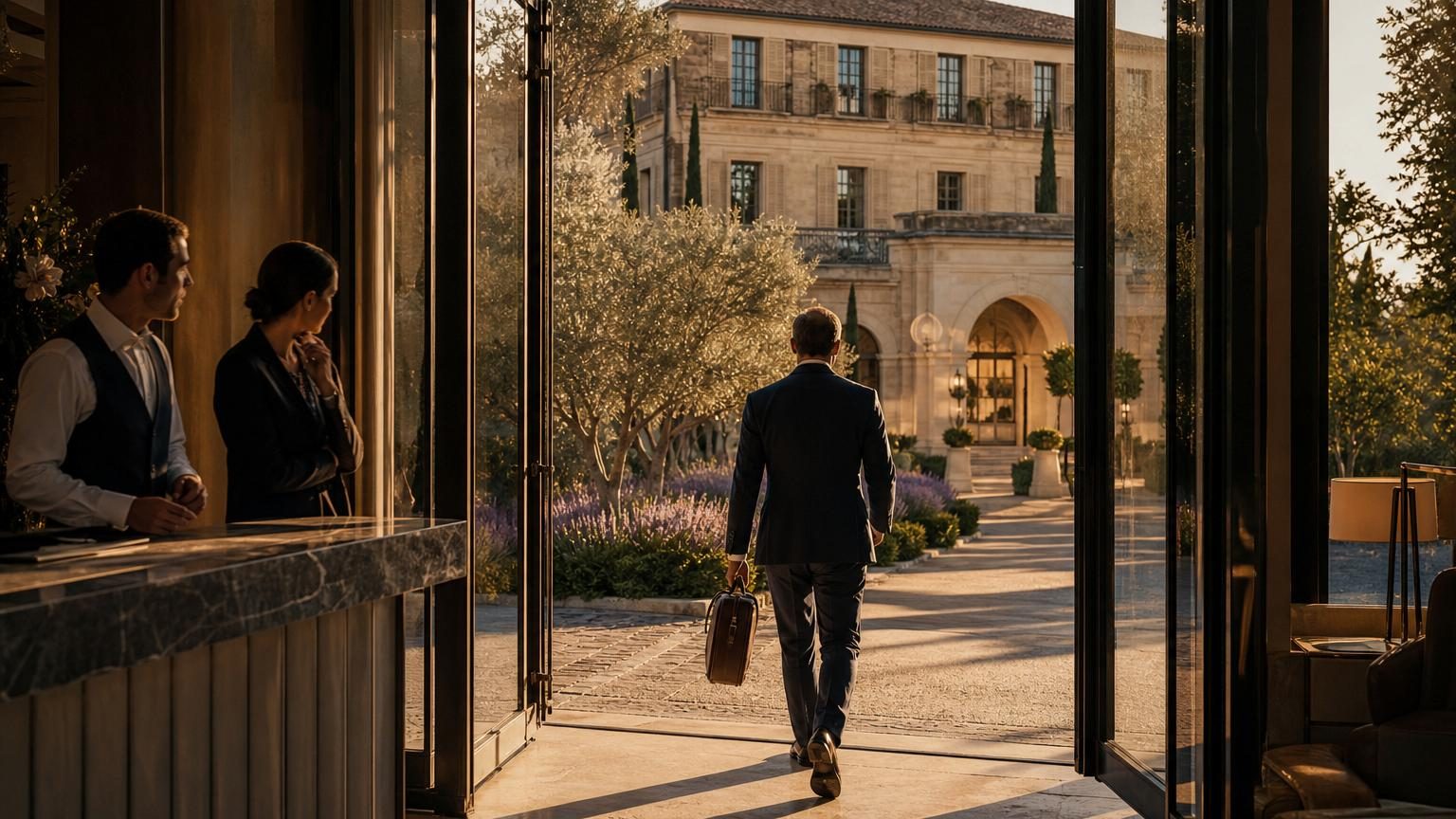 Façade élégante d'un hôtel de luxe en pierre claire avec vue sur la Provence, sous le soleil, incarnant le prestige architectural de L'Isle de Leos à L'Isle-sur-la-Sorgue.