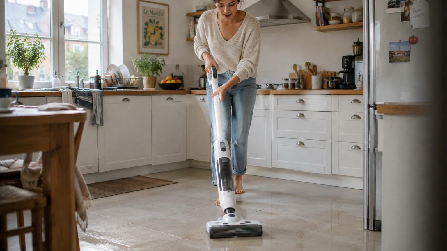 Aspirateur laveur Kobold VK7 blanc et noir avec détails verts, présenté en position de parking stable dans une cuisine moderne, prêt à nettoyer le sol carrelé.