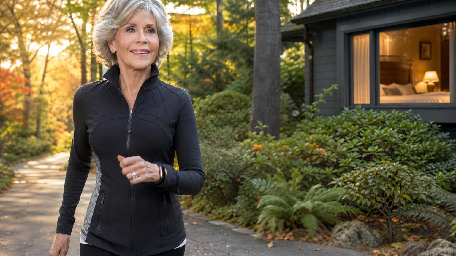 Jane Fonda, 88 ans, en baskets et tenue de sport, marchant dehors dans un quartier résidentiel, souriante et énergique, illustrant son approche accessible du bien-être à tout âge.