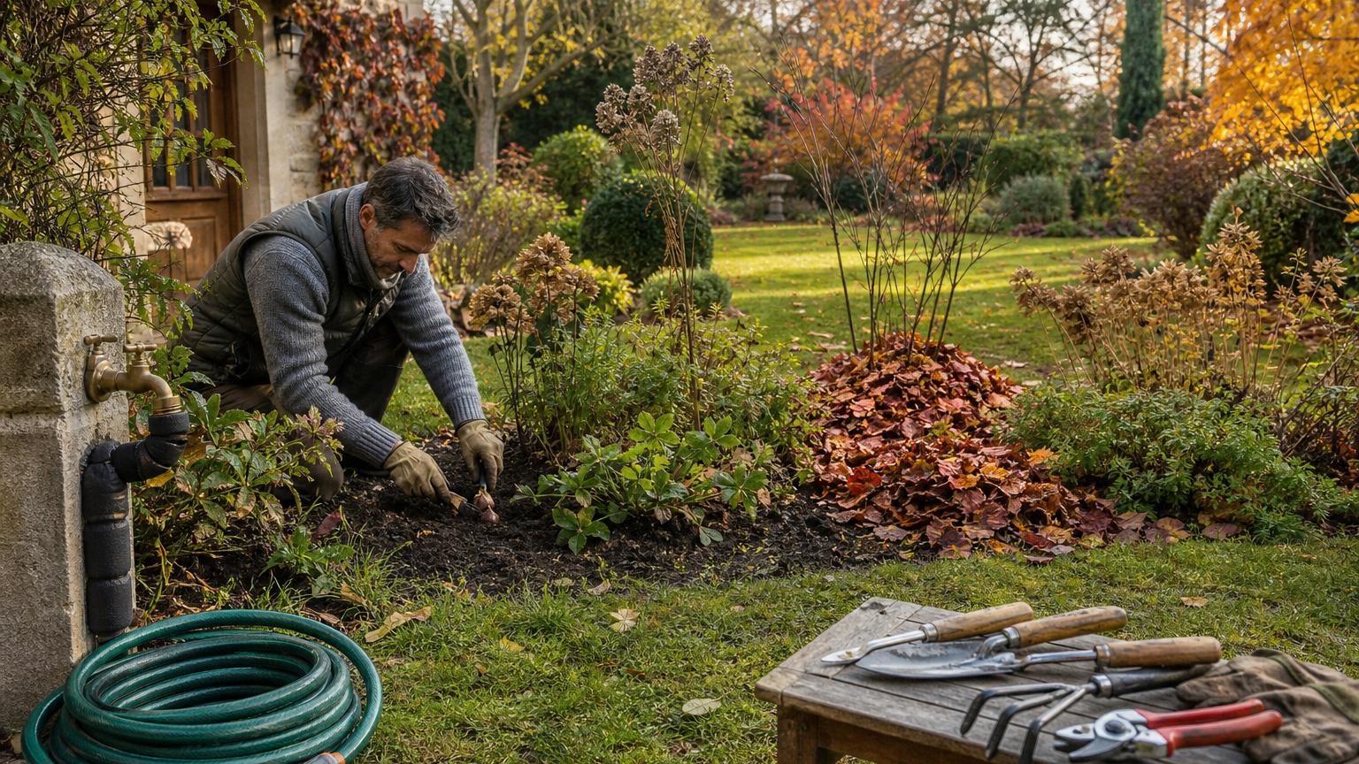 Jardin d'automne avec feuilles mortes sur la pelouse, tiges sèches de vivaces, tuyaux d'arrosage et bulbes à planter dans la terre.
