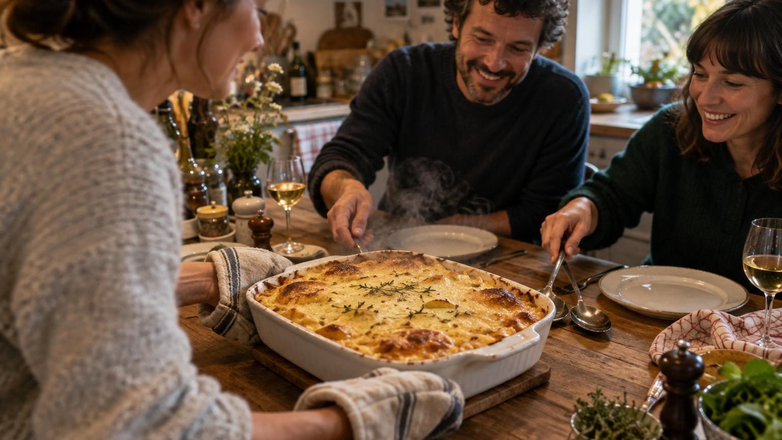 Un plat à gratin fumant rempli de pâtes gratinées dorées, parsemé de fromage croûte avec une cuillère en bois posée dessus, ambiance hivernale réconfortante.