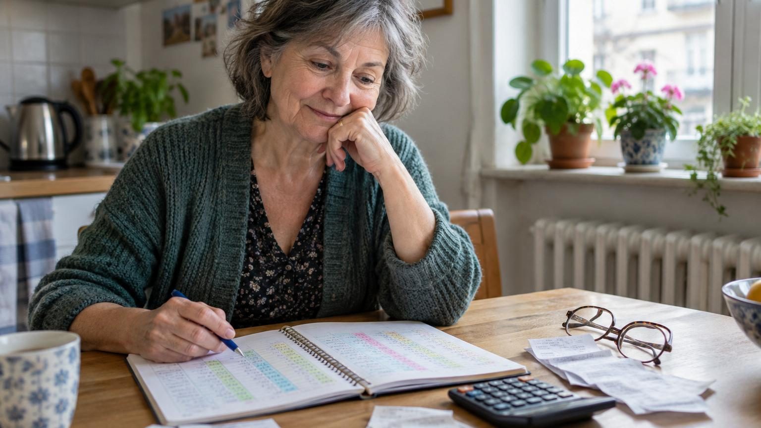 Une femme de 65 ans écrit dans un cahier de comptes à sa table de cuisine, entourée de factures d'énergie, d'ordonnances et de brochures de voyage, illustrant le changement budgétaire à la retraite.