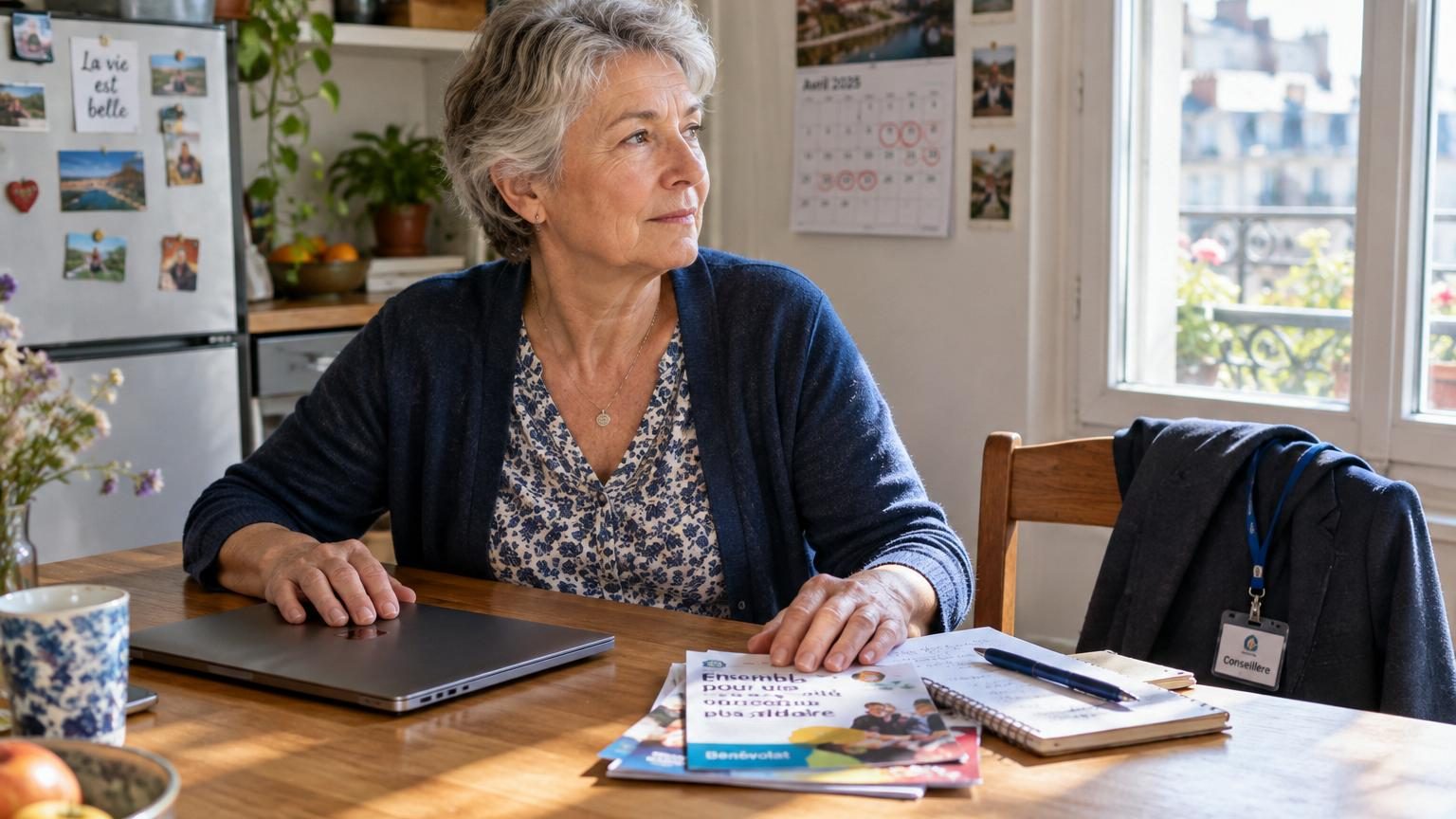 Femme retraitée d'environ 64 ans souriante assis à une table lumineuse, notant ses activités dans un agenda, avec des livres et une tasse de café à côté.