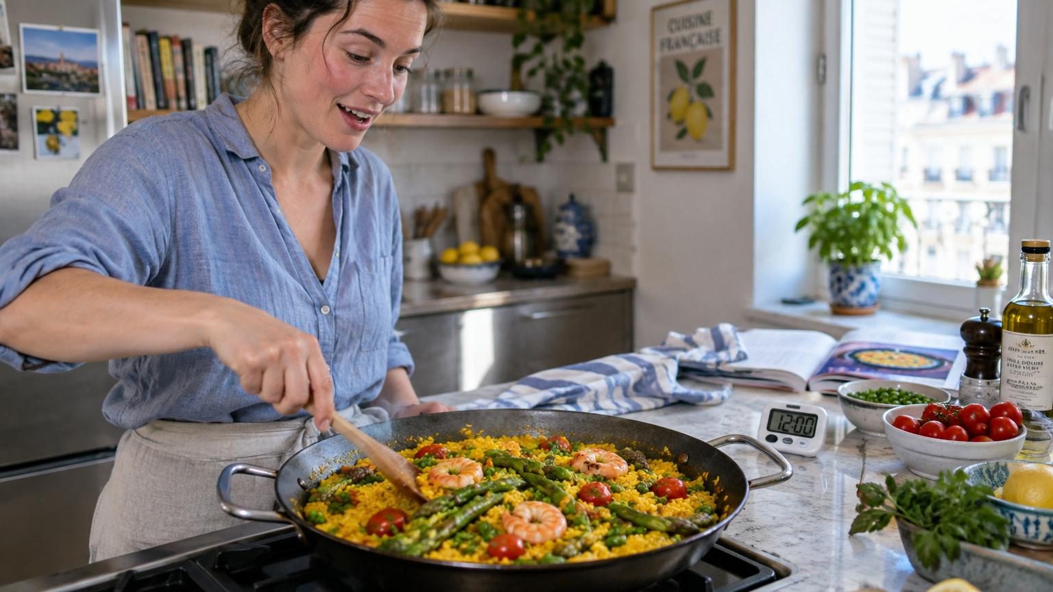 Paëlla printanière dorée dans une large poêle, riz safrané garni de poulet, crevettes roses, petits pois verts et lanières de poivron rouge, quartiers de citron jaune en garniture.