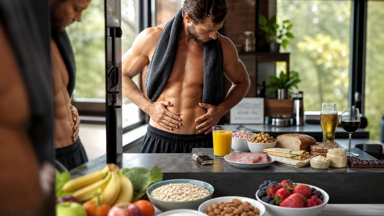 Coach sportif en salle de fitness expliquant à un client les erreurs alimentaires courantes qui masquent les abdominaux, avec exemples visuels de jus, céréales et sauces.