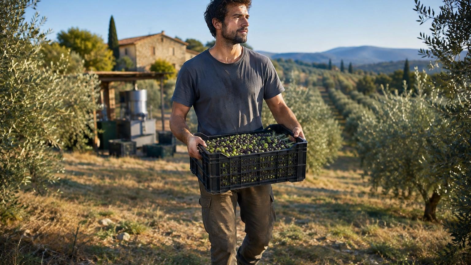 Jean, 29 ans, dans un champ d'oliviers tordus par le vent en région gardoise, tenant une bouteille de sa propre huile d'olive biologique, le ciel immense en arrière-plan