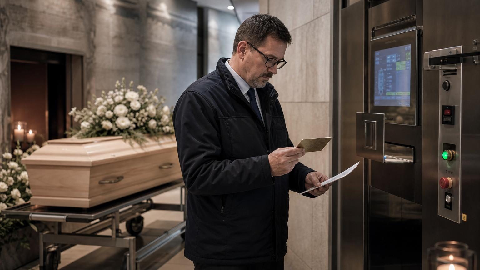 Intérieur d'un crématorium moderne avec équipements techniques propres, plaques de vérification d'identité et tableau de commande pour la supervision du processus de crémation.